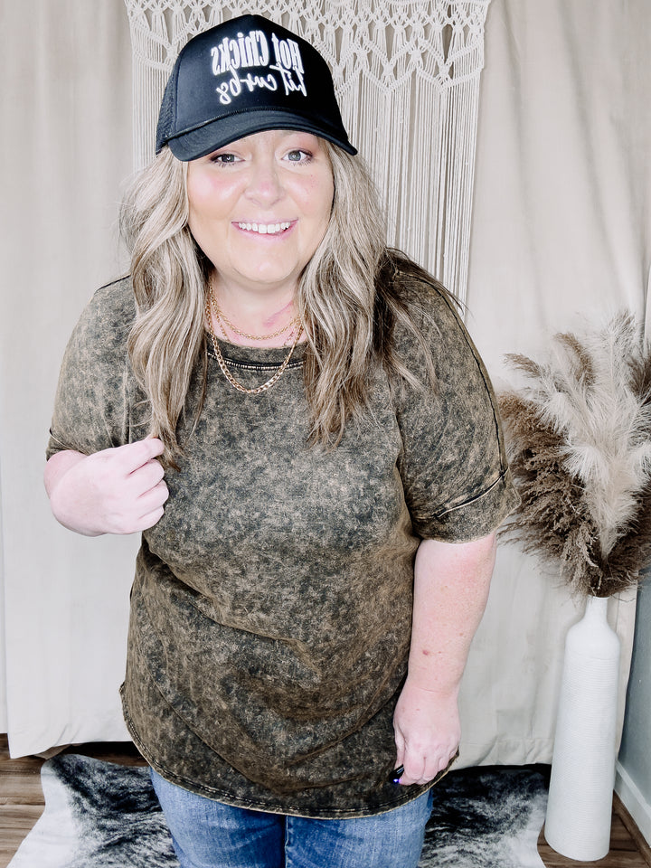 Olive Curvy Mineral Wash Short Sleeve Top