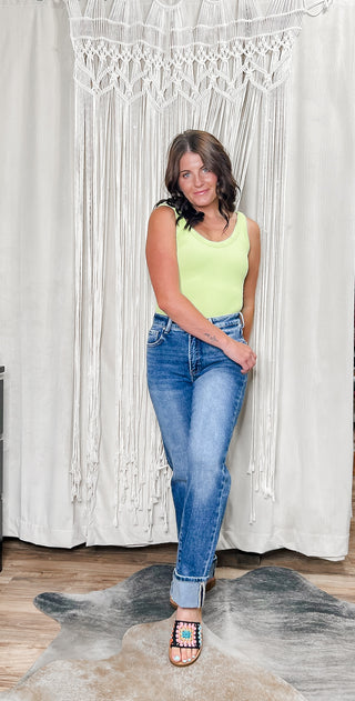 Lime Thick Banded Ribbed Scoop Neck Tank Top Bodysuit