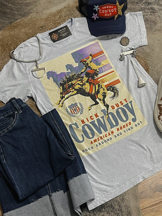 Kick Dust Cowboy Graphic Tee – Mineral Wash Western Rodeo Tee styled with denim and western accessories by Jayden Layne boutique