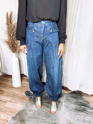 Ankle Drawstring Wide Denim Jeans