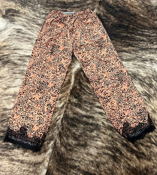 Leopard Print Eyelash Lace Trim Wide Leg Pants - Mocha