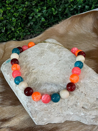 Colored resin bead pendant necklace with 18K gold plated stainless steel chain