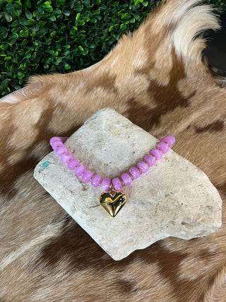 Colorful resin bead necklace with gold heart-shaped pendant