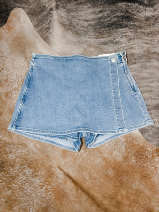 Light Wash Wrap Front Denim Skort