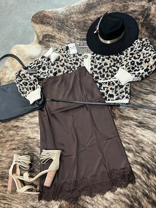 Satin Lace Hem Back Slit Pencil Midi Skirt