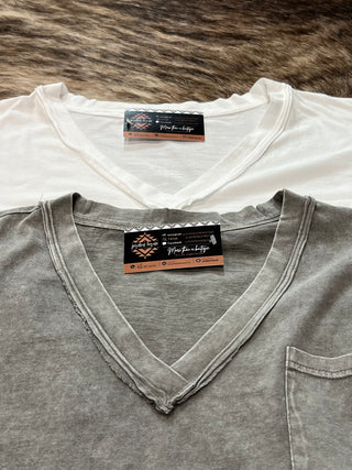 Washed exposed seam V-neck boxy knit top with chest pocket and raw edge seams, photo 7