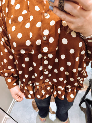 Brown Polka Dot Peplum Shirt (Collared Button Down)