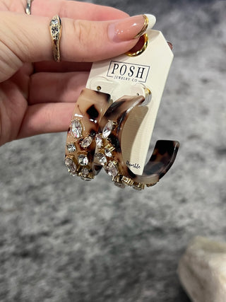 Tortoise Shell Crystal Stone Hoop Earrings