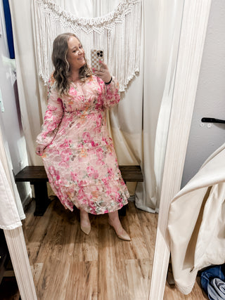 Floral Lace Long Sleeve Tiered Midi Dress