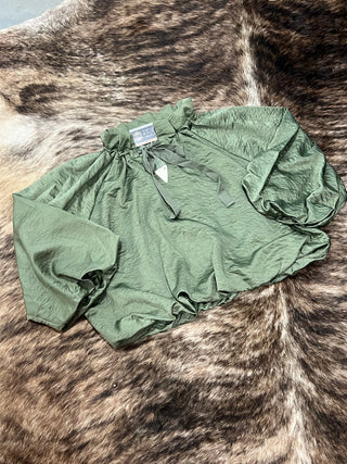 Olive satin look tie neck balloon sleeve top with ruffled neckline and gathered bubble hem, photo 2