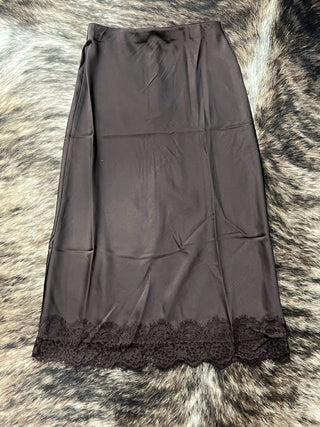 Satin Lace Hem Back Slit Pencil Midi Skirt