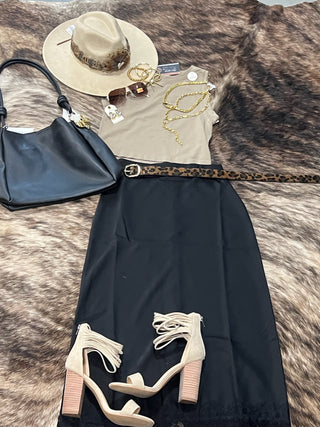 Satin Lace Hem Back Slit Pencil Midi Skirt