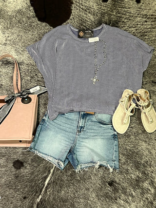 Ribbed Striped Oversized Short Sleeve Top