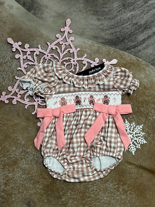 Christmas Vintage-Style Plaid Embroidered Gingerbread and Bows Girls Romper