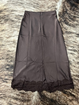 Satin Lace Hem Back Slit Pencil Midi Skirt