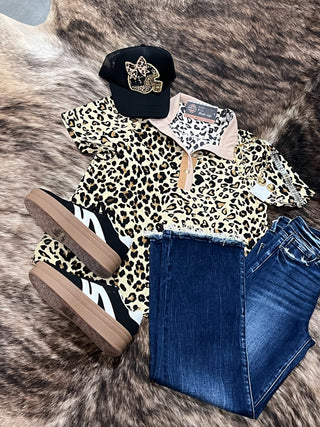Mock Neck Half Band Button Down Leopard Top