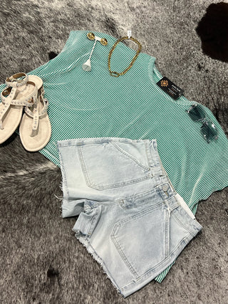 High Rise Patch Pocket Denim Shorts with Frayed Hem