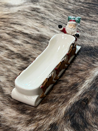 Santa Sleigh Ceramic Cracker Dish with Reindeer & Toothpicks