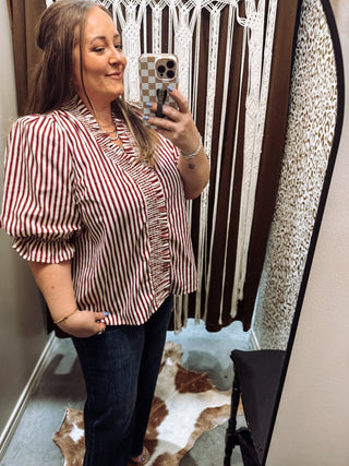Plus Stripe Smocked V-Neck Puff Sleeve Top