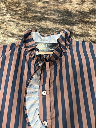 Stripe Gathered Yoke Puff Sleeve Button Down Long Sleeve