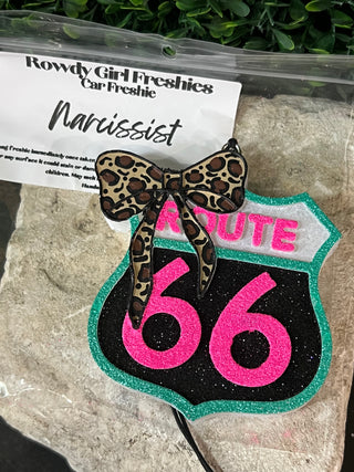 Hand painted Route 66 with a bow car freshie air freshener, photo 1