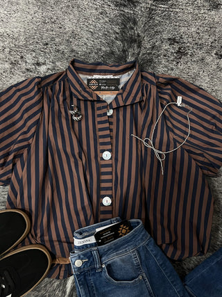 Stripe Gathered Yoke Puff Sleeve Button Down Top
