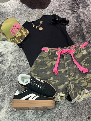 Braided Belt Patch Pocket Camo Shorts — Camouflage