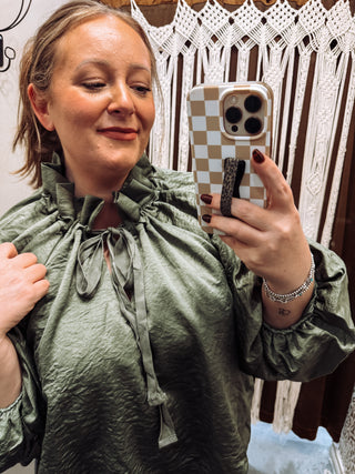 Olive Satin Look Tie Neck Balloon Sleeve Top