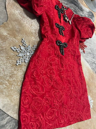 Red jacquard puff sleeve bow dress