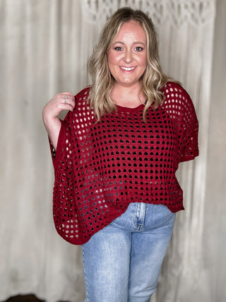 Daphne Maroon Dolman Sleeve Eyelet Top