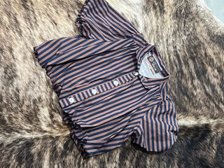 Stripe Gathered Yoke Puff Sleeve Button Down Top