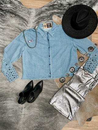 Studded denim button down shirt