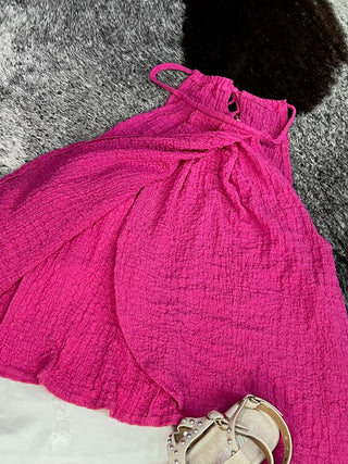 Pink Textured Halter Overlay Top