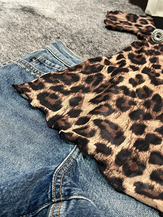 High Neck Leopard Mesh Short Sleeve Top