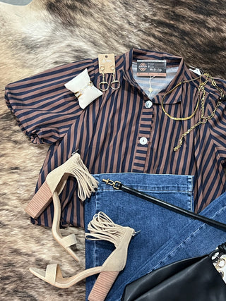 Stripe Gathered Yoke Puff Sleeve Button Down Top