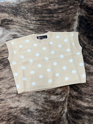 Beige polka dot knit sleeveless top with ivory dots and ribbed trim by BiBi, photo 2