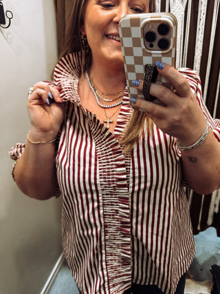 Plus Stripe Smocked V-Neck Puff Sleeve Top