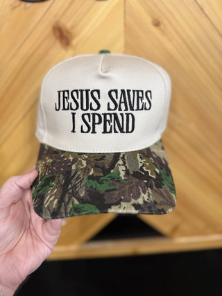 Jesus Saves I Spend Two Tone Canvas Trucker Hat