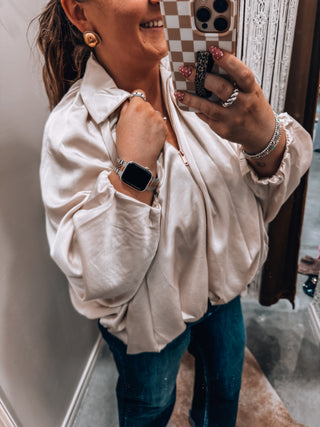 Chic Cream Pleated Bomber Jacket