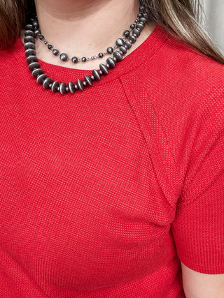 Curvy Red Waffle Short Sleeve Top