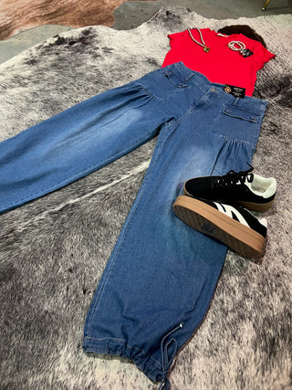 Curvy ankle drawstring wide leg jeans