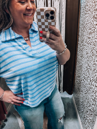 Blue Raised Rib Striped Collared Top
