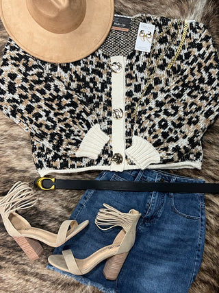Scoop Neck Leopard Gold Buttons Cardigan