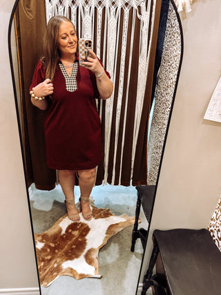 Puff Sleeve Mini Shift Dress with Gingham Trim