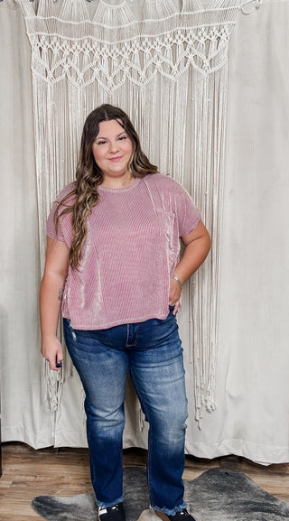 Dark Red Ribbed Short Sleeve Top