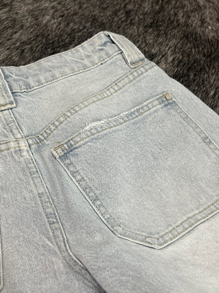 High Rise Patch Pocket Denim Shorts with Frayed Hem