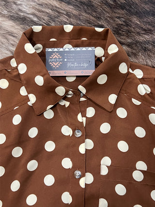 Brown Polka Dot Peplum Shirt (Collared Button Down)