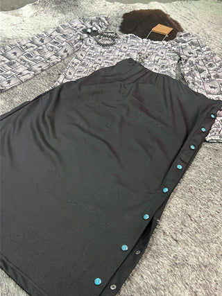 Black Leather Lux Adjustable Pearl Snap Midi Skirt