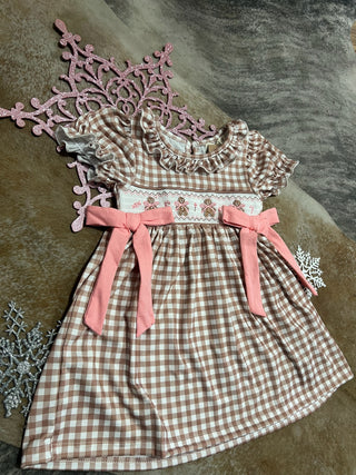 Christmas Vintage Plaid Gingerbread Bow Dress