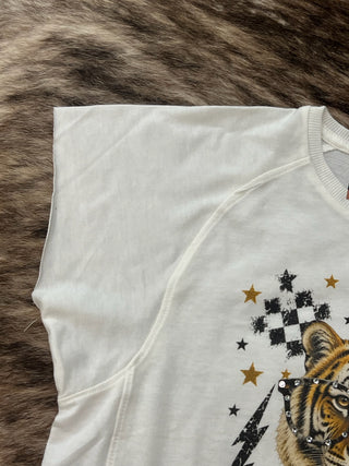 Tiger Mascot Distressed Rhinestone Terry Cloth Crop Tee